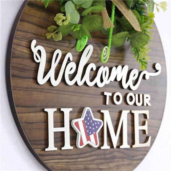 Interchangeable Seasonal Welcome Sign Front Door Decoration, Rustic Round Wood - Picture 4 of 7